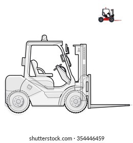 Black and white wire fork lift loader works in storage on white â?? Black and white construction tools flatten illustration master vector icon equipment element Truck Crane Extravator