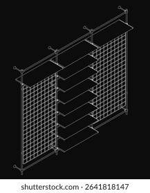 A black and white wire mesh wall with a grid pattern features a sturdy shelf attached at the top. The industrial-style shelving is ideal for shop storage or display.