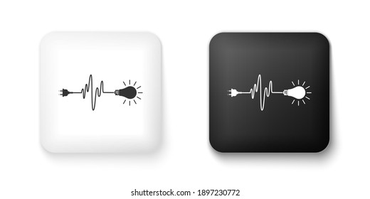 Black and white Wire plug and light bulb icon isolated on white background. Plug, lamp and cord in the form of heartbeat. Concept of Electricity and lighting. Square button. Vector.