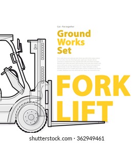 Black and white wire set of ground works machines vehicles with typography. Forklift. Construction equipment for building. Truck, Digger, Crane, Mix, master vector illustration. Catalog page set up.