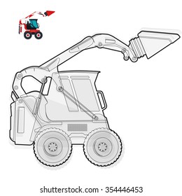 Black and white wire small digger builds roads, loads building material. Bagger digging of coal waste rock on white. construction flatten illustration master vector icon equipment element Extravator