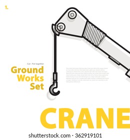 Black and white wire typography set of ground works machines vehicles - Crane. Construction equipment for building. Truck, Digger, Crane, Forklift, Roller, Extravator master vector illustration