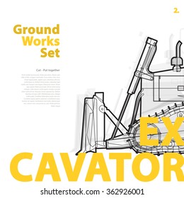 Black and white wire typography set of ground works machines vehicles. Excavator. Construction equipment for building. Truck, Digger, Crane, Forklift, Roller master vector illustration