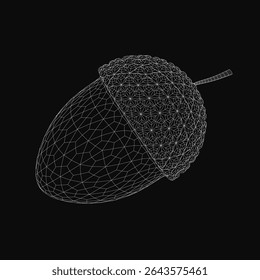 Black and white wireframe acorn with intricate details, showcasing ridges and curves on a smooth black background. The design highlights the natural symmetry and texture of the acorn in a minimalist.