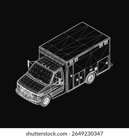 Black and white wireframe of an ambulance vehicle isolated on a dark background, featuring a detailed 3D structure with clean lines. The design emphasizes military or emergency medical transport