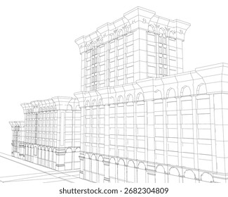 Schwarz-weißes Drahtmodell mit zahlreichen rechteckigen Fenstern, weißem Hintergrund, architektonischem Zeichnungsstil.