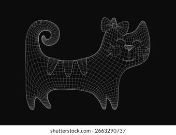 A black and white wireframe cat with a decorative bow on its head stands out against a dark background. The minimalist design highlights clean lines and geometric shapes. Perfect for tech, design.
