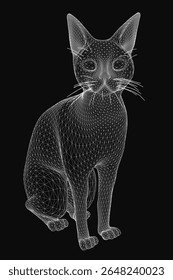 A black and white wireframe cat sits elegantly on a dark background, showcasing clean geometric lines and a minimalist aesthetic. The digital illustration highlights the feline's posture with precise.