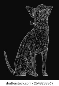 A black and white wireframe chihuahua sits composed of geometric shapes and clean lines, forming an intricate digital illustration. The minimalist design contrasts sharply against the dark.