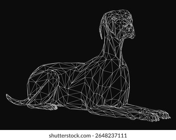 Um cão aramado preto e branco se estabelece, composto de formas geométricas intrincadas e linhas em um fundo escuro. O design minimalista destaca a forma do animal com detalhes limpos e abstratos.