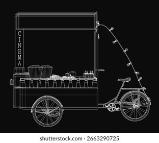 Dibujo en blanco y negro de un Carrito de comida en bicicleta lleno de vasos y objetos, sobre un fondo oscuro. La ilustración detallada de estilo cinematográfico presenta líneas limpias y un estilo minimalista.