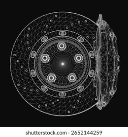 Desenho de arames preto e branco de um disco de freio com linhas brancas limpas contra um fundo escuro, realçando a sua forma circular e detalhes mecânicos intrincados.