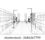 Black and white wireframe drawing of a city street featuring buildings, street poles, and lights on a clean white background.