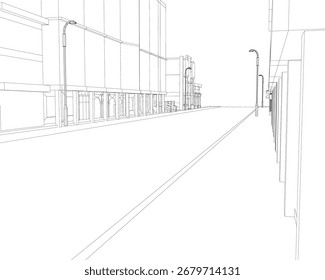 Desenho em arame preto e branco de uma rua da cidade com edifícios e postes de rua em um fundo branco limpo.