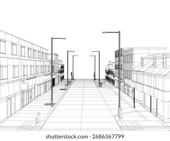 Dibujo de alambre blanco y negro de una calle de la ciudad con edificios, postes de la calle y luces sobre un fondo blanco limpio.