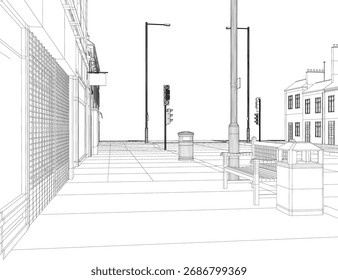 Desenho em arame preto e branco de uma rua da cidade com edifícios, postes de rua, sinais de trânsito, um banco e um caixote de lixo.