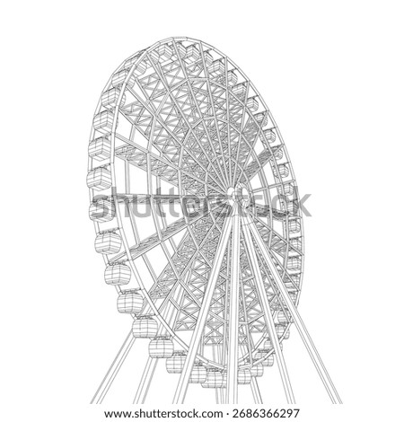 A black and white wireframe drawing of a giant ferris wheel with multiple spokes radiating from the center, surrounded by a thin black outline.