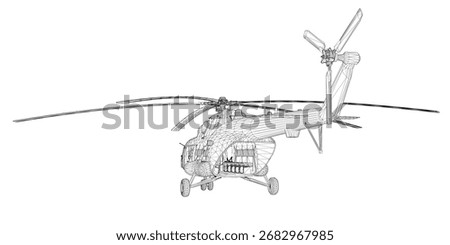A black and white wireframe drawing of helicopter 3D model. Vector illustration