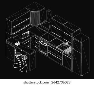 Black and white wireframe drawing of a sleek modern kitchen with sink, stove, microwave, and cupboards against a dark background. The minimalist design highlights clean lines and functional layout.