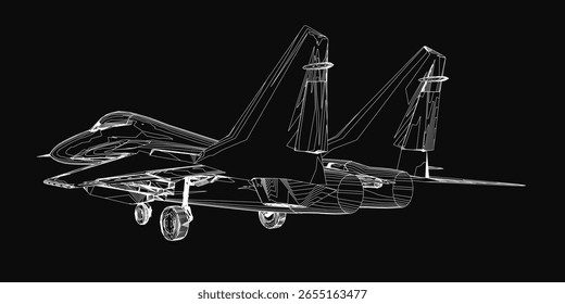 Ein schwarz-weißer Drahtgitter-Kampfjet hebt sich auf schwarzem Hintergrund ab. Die detaillierte Konturzeichnung hebt Flügel, Schwanz und Cockpit mit Präzision hervor.