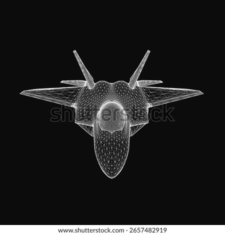 A black and white wireframe fighter jet stands out against a dark background, showcasing intricate combat details. The sleek design highlights the aircraft's powerful silhouette with precision.