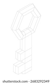 A black and white wireframe key on a clean white background. Isometric view