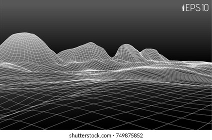Black and white wireframe landcape, linear cyberspace grid, 3d perspective relief, frame abstract vector illustration