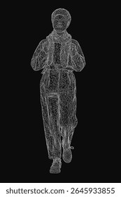 Um homem de arame preto e branco andando sobre um fundo escuro, apresentando uma estrutura esquelética detalhada com uma estética futurista e minimalista. As linhas intrincadas criam um contraste impressionante.