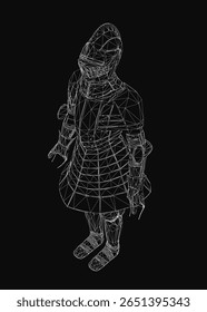 Um arame preto e branco de um cavaleiro medieval de armadura, usando um capacete e terno completo, assemelhando-se a um personagem de Star Wars: O Despertar da Força. O desenho detalhado destaca-se contra um escuro.
