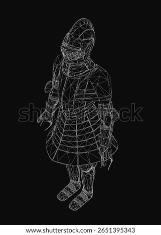 A black and white wireframe of a medieval knight in armor, wearing a helmet and full suit, resembling a character from Star Wars: The Force Awakens. The detailed design stands out against a dark.