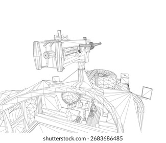 Un modelo de estructura metálica en blanco y negro de un vehículo militar, con una ametralladora detallada y componentes estructurales intrincados. Este modelo de construcción 3D se representa de manera realista en un blanco liso.