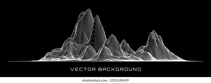 Black and White Wireframe Mountain Landscape. Abstract Fluid Lines Design. 3D Topographic Map Background Concept. Geography Concept. Tech Wavy Backdrop. Space Game Surface HUD Design Element.