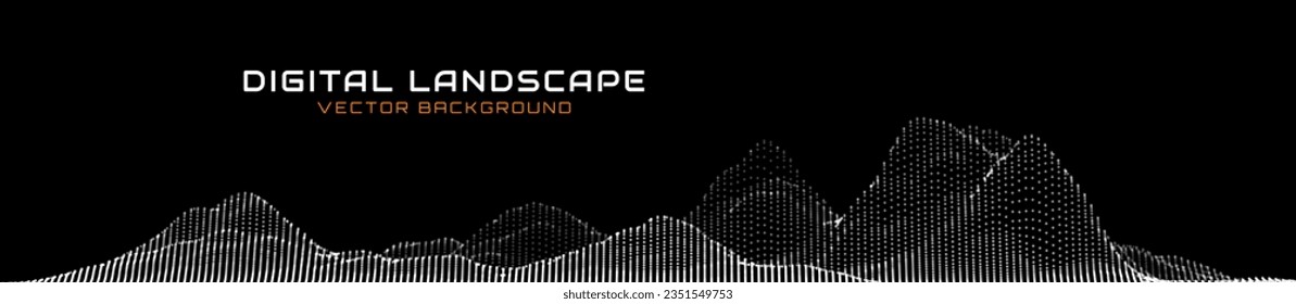 Black and White Wireframe Mountain Landscape. Abstract Fluid Lines Design. 3D Topographic Map Background Concept. Geography Concept. Tech Wavy Backdrop. Space Game Surface HUD Design Element.