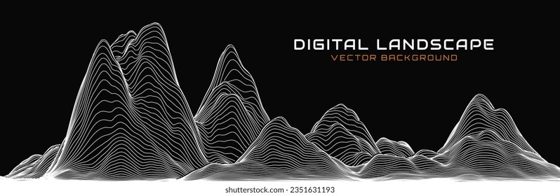 Black and White Wireframe Mountain Landscape. Abstract Fluid Lines Design. 3D Topographic Map Background Concept. Geography Concept. Tech Wavy Backdrop. Space Game Surface HUD Design Element.