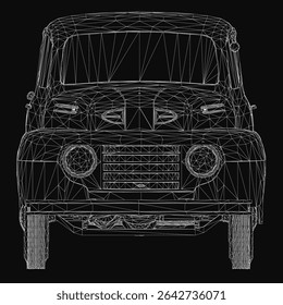 Black and white wireframe pickup truck rendered in 3D with realistic details on a dark background. The sleek design highlights contours and structure, perfect for automotive concepts.