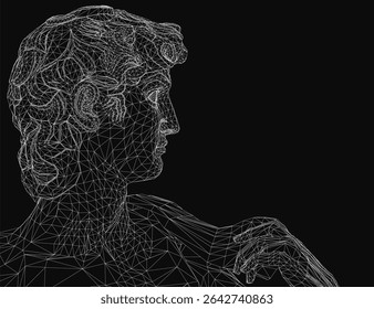A black and white wireframe portrait of a man resembling the statue of David, deep in thought with his hand resting on his chin. The intricate digital lines create a striking contrast against the.