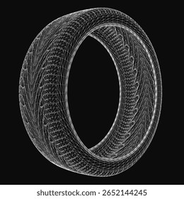 Anel de arampo preto e branco com padrões de linha intrincados lembra um design de pneu de carro. A estrutura geométrica destaca-se contra um fundo escuro, criando uma estética elegante e moderna.