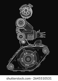 Um robô wireframe preto e branco está sobre um fundo escuro, apresentando linhas intrincadas e formas geométricas. O design detalhado lhe dá uma aparência futurista e única.