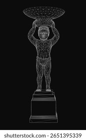 Uma escultura de arame preto e branco de um menino de pé em um pedestal, segurando uma tigela em sua cabeça. O fundo escuro enfatiza o design minimalista.