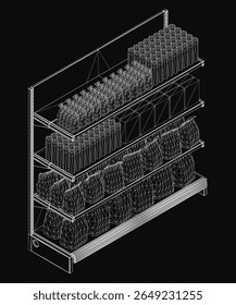 A black and white wireframe shelf displays various items, including a 3D rack model, with clean geometric lines and a minimalist aesthetic. The shop rack design features an organized layout