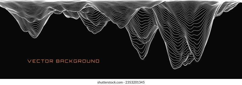 Black and White Wireframe Stalactite Cave. Abstract Fluid Lines Design. 3D Topographic Map Background Concept. Geography Concept. Tech Wavy Backdrop. Space Game Surface HUD Design Element.