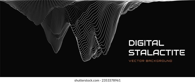 Black and White Wireframe Stalactite Cave. Abstract Fluid Lines Design. 3D Topographic Map Background Concept. Geography Concept. Tech Wavy Backdrop. Space Game Surface HUD Design Element.