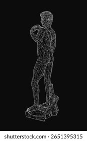 A black and white wireframe statue of a man standing with hands on hips, resembling David in deep contemplation. The minimalist design contrasts sharply against the dark background.