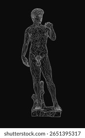 A black and white wireframe statue of a man, resembling David, stands on a dark background with intricate geometric detailing. The minimalist design highlights the human form through connected lines.