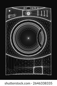 Black and white wireframe of a washing machine with clean lines and geometric details, isolated on a dark background. The minimalist 3D illustration highlights the appliance's structure and design.