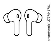 Black and white wireless earbuds icon for audio theme, pair of modern earbuds for personal listening and mobile sound for music and sound design