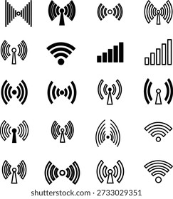 Schwarz-weißes Wireless-Netzwerk und Signalsymbole auf weißem Hintergrund