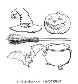 black and white witch accessories - pointed hat, caldron, jack o lantern, broom, bat, Halloween decoration elements, sketch vector illustration isolated on white background.