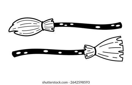 Black and white witch broom clipart. Spooky Halloween object. Hand drawn vector illustration in flat style