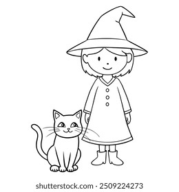 Black and white witch and cat illustration, Halloween-themed decor, web icons, kids' patterns. Playful and simple style suitable for young audiences